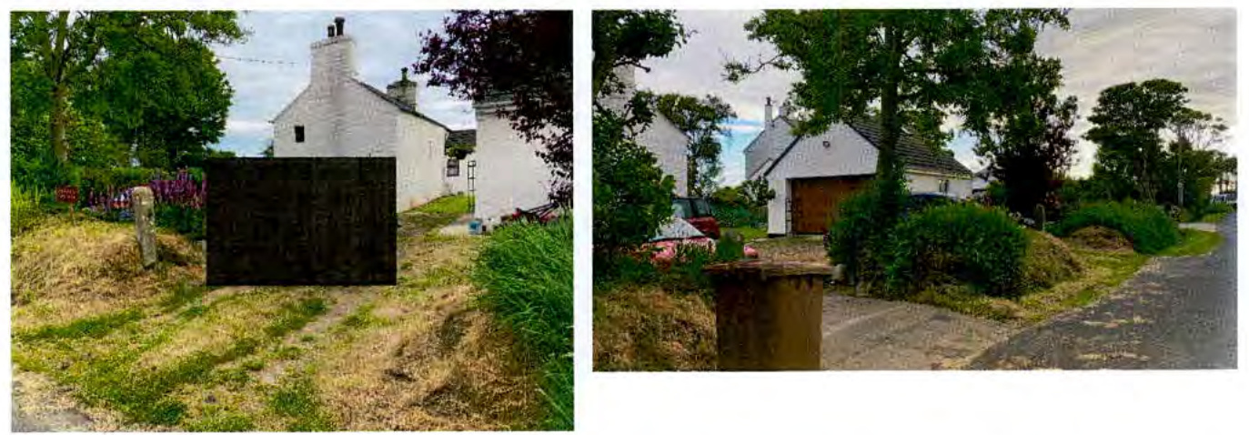 Two side-by-side photographs depict a rural property site with existing white buildings and a driveway. The left image includes a black overlay obscuring a section of the grassy land, likely indicating the proposed de...