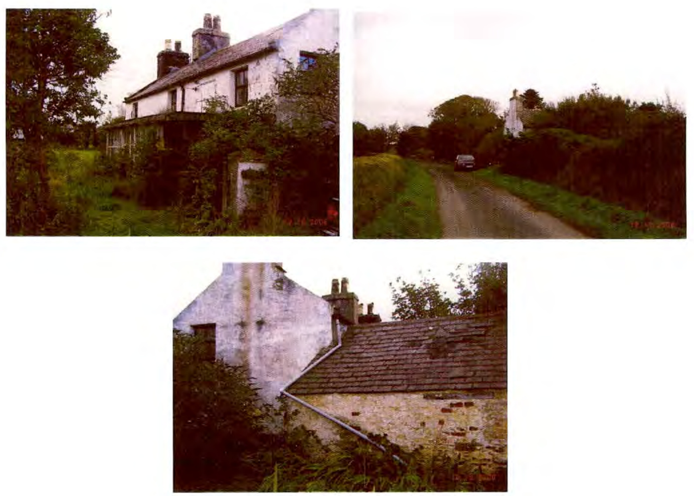 A collage of three photographs showing the existing site conditions, including a white building, a rural lane, and a stone outbuilding.