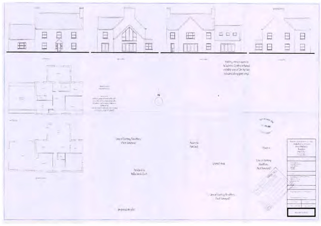 Architectural sheet displaying elevations and floor plans for a proposed detached dwelling with garage and shed.