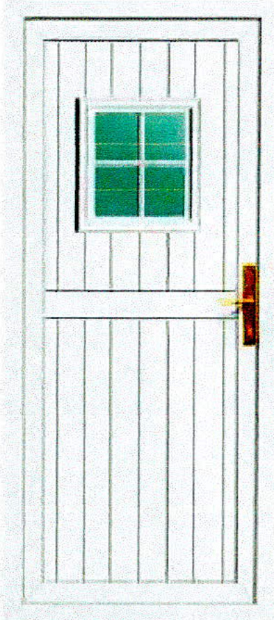 A technical elevation drawing of a white door featuring vertical paneling and a four-paned window with a handle on the right.