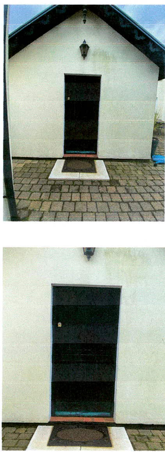 The image displays two views of a white, single-story building with a paved entrance area. The top view shows the full facade with a central doorway, while the bottom view provides a close-up of the dark door opening.