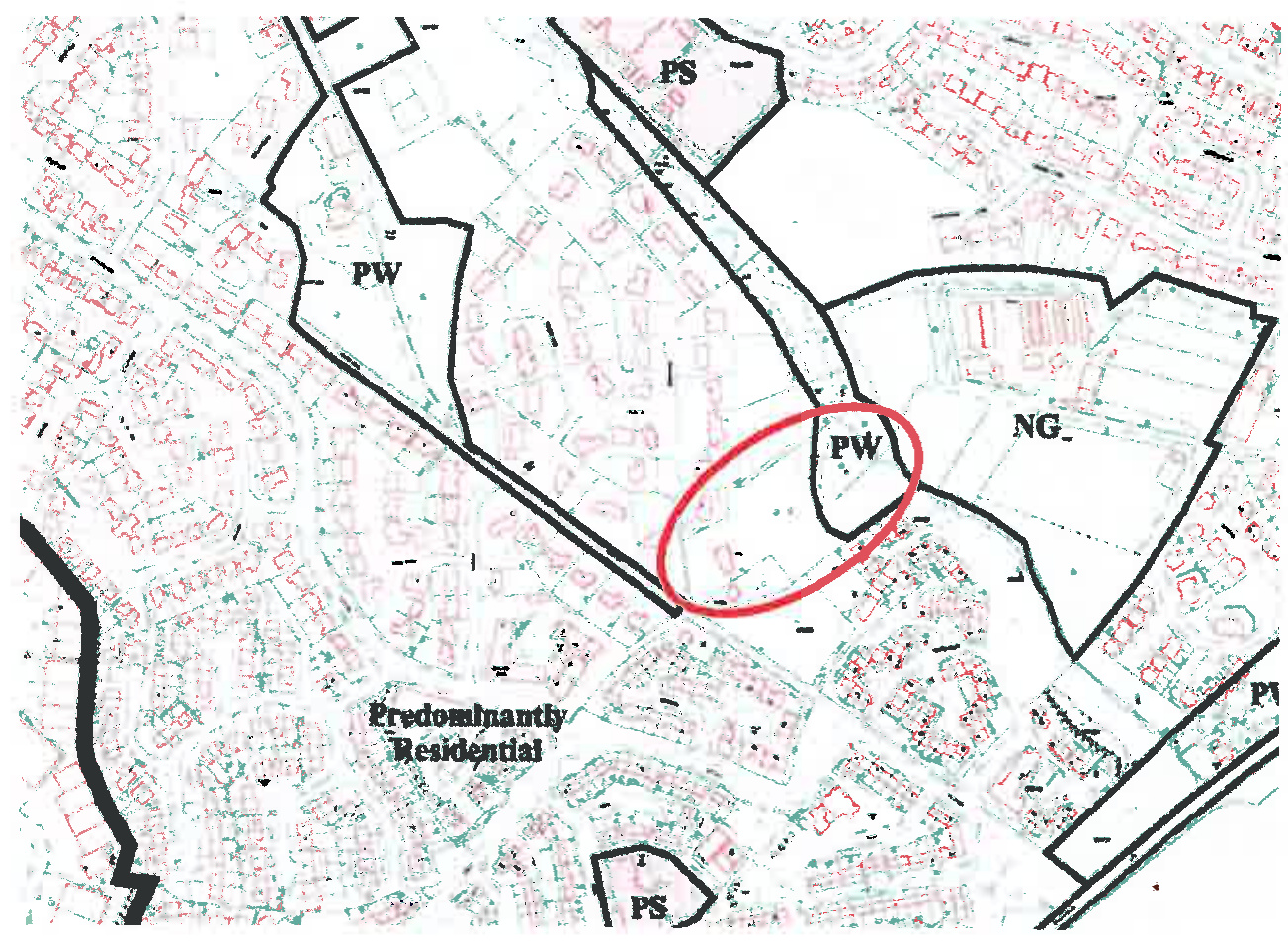 This image displays a cadastral or site location map showing existing building footprints in red and property boundaries in black. A specific plot of land is highlighted with a red circle and labeled 'PW' within a zon...