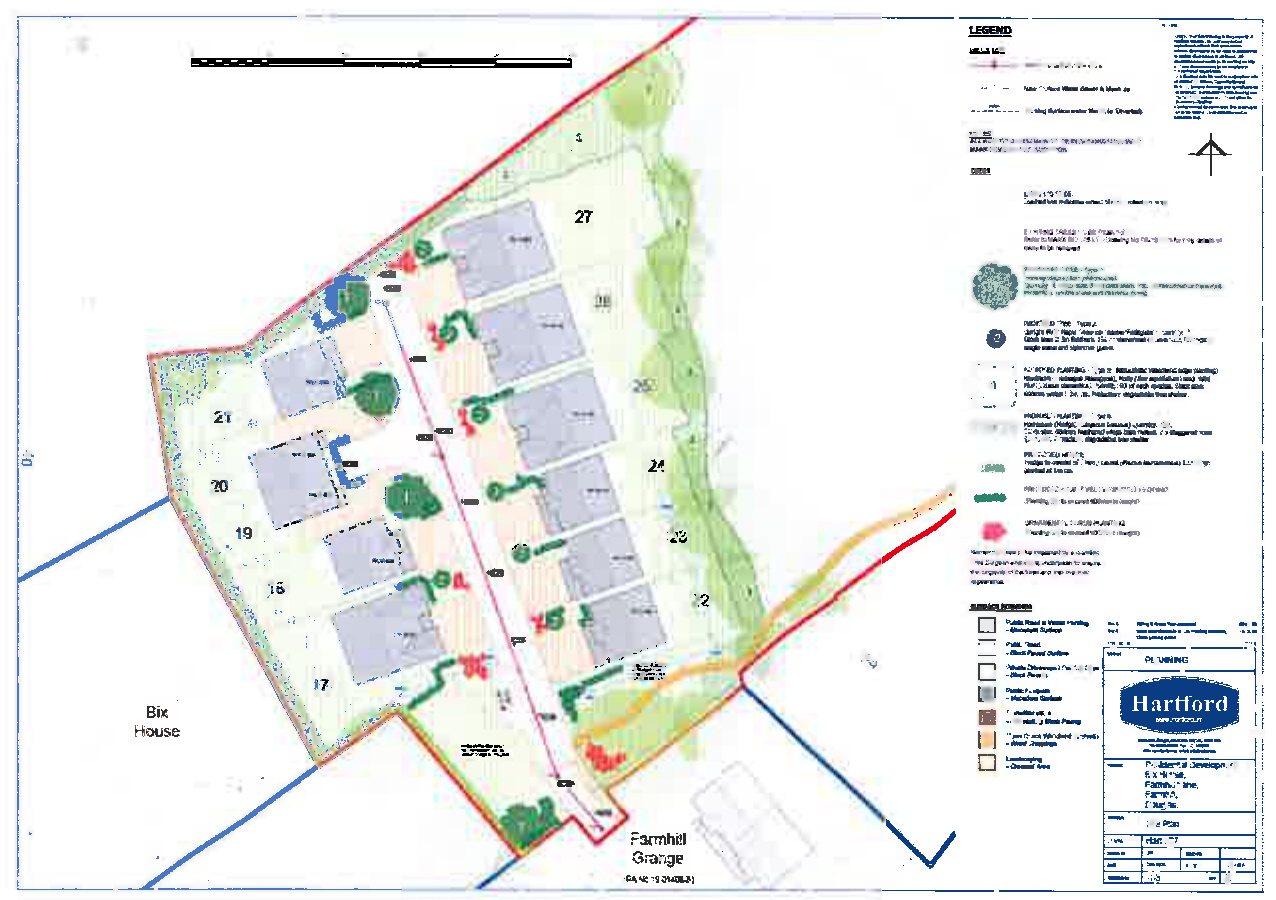 This image displays a site plan for a residential development proposal, showing the layout of eleven new houses, access roads, and landscaping areas. It includes a legend, scale bar, and title block indicating the pla...