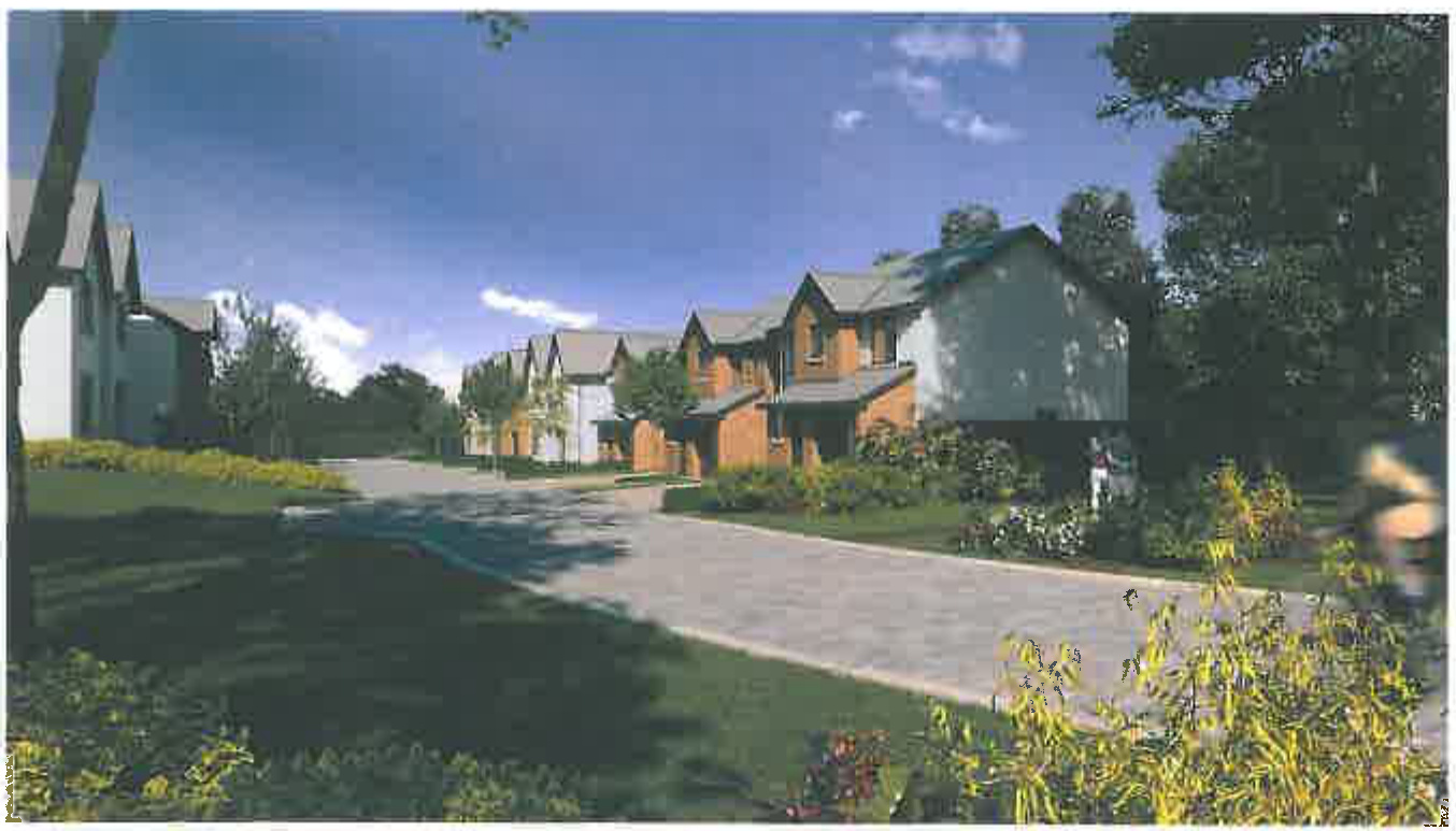 An architectural perspective rendering showing the proposed row of residential properties with landscaping and a paved access road.