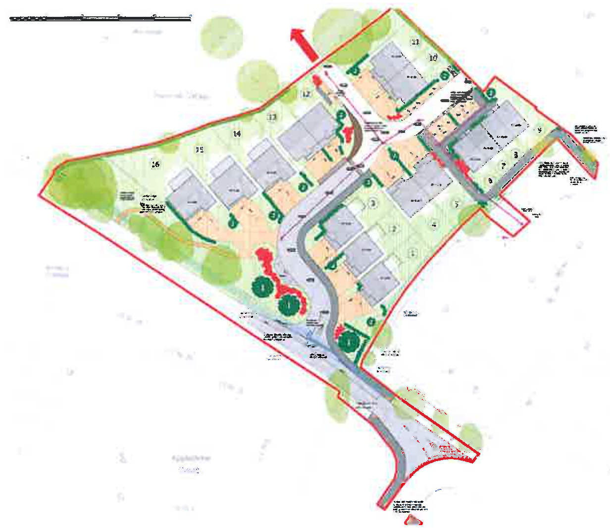 A site plan showing the proposed layout for eleven new residential properties, including roads, landscaping, and property boundaries.