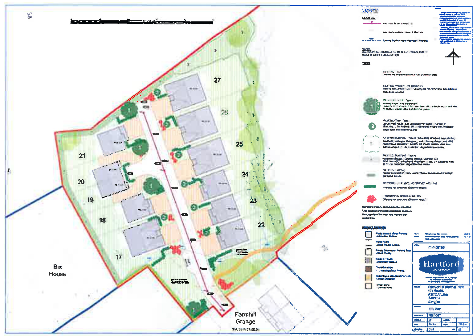 The image shows a detailed site layout plan for a residential development, illustrating the proposed positions of eleven houses, access roads, parking areas, and landscaping within a red boundary line.