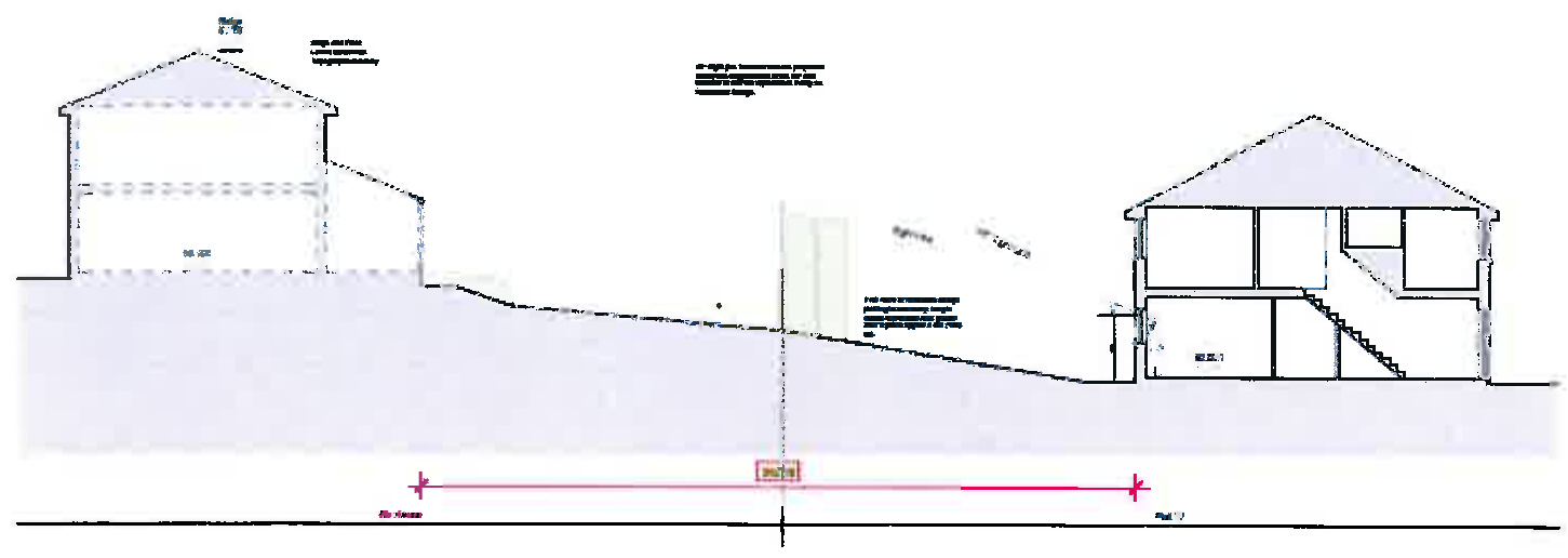 This image displays an architectural section drawing showing a cross-section of a two-story residential property on a sloping site. It features a solid outline of the proposed house with internal details like stairs,...