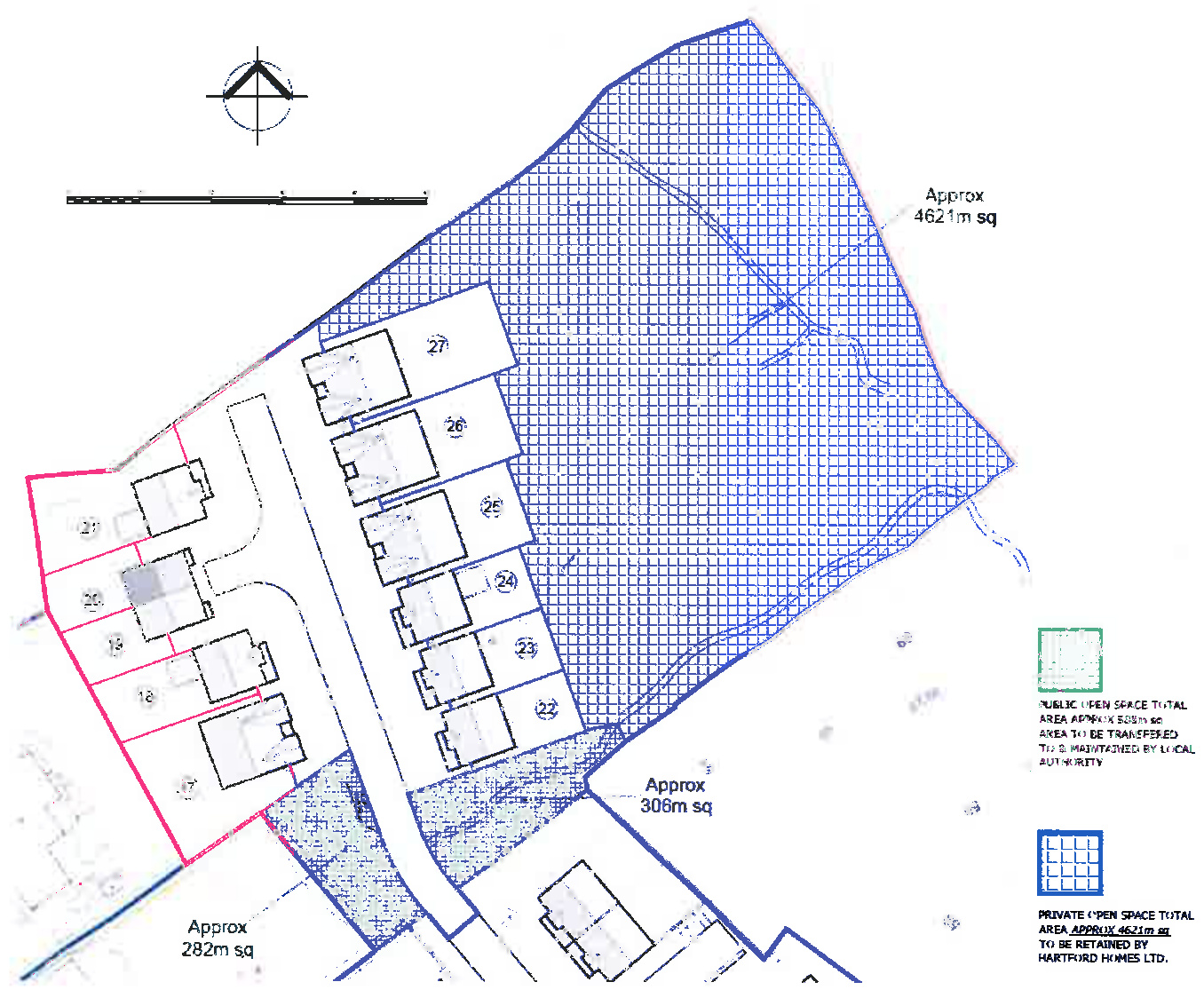 This image displays a site plan for a proposed residential development, showing the footprints of eleven houses and designated areas for public and private open space.