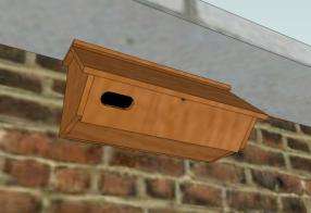 A 3D rendering or technical illustration of a wooden bat box mounted on a brick wall under a white soffit.
