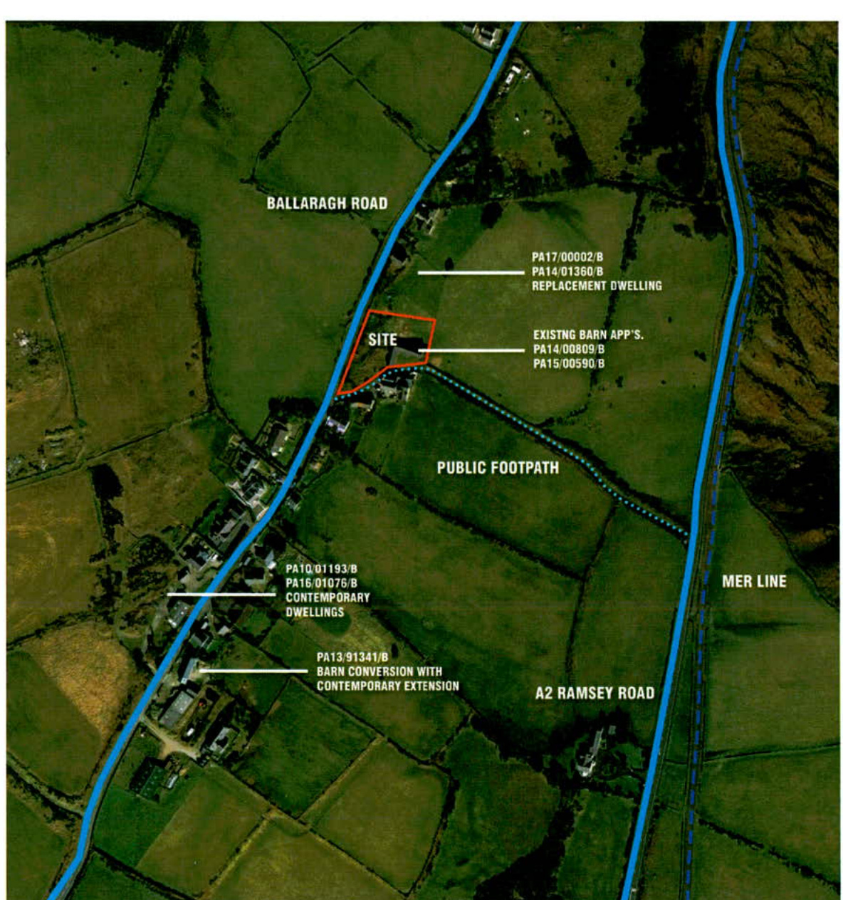 An aerial site location map showing the proposed development site outlined in red within a rural setting. It highlights nearby roads, footpaths, and adjacent planning applications.