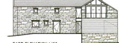 An architectural elevation drawing showing the east side of a proposed building with stone and timber cladding.