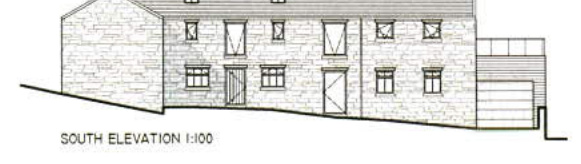This image displays a black and white architectural line drawing labeled 'SOUTH ELEVATION 1:100'. It depicts a two-story stone building, likely a terrace or semi-detached house, showing window and door placements.