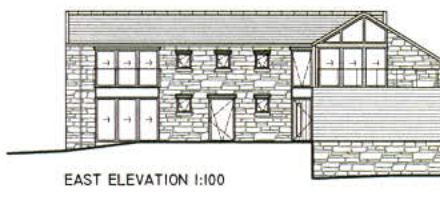 This image displays an architectural elevation drawing of a two-story stone dwelling, labeled 'EAST ELEVATION 1:100'.