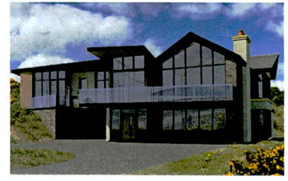 A photorealistic architectural rendering of a modern, two-storey detached house featuring large glass windows, a balcony, and a mix of cladding and stone materials.