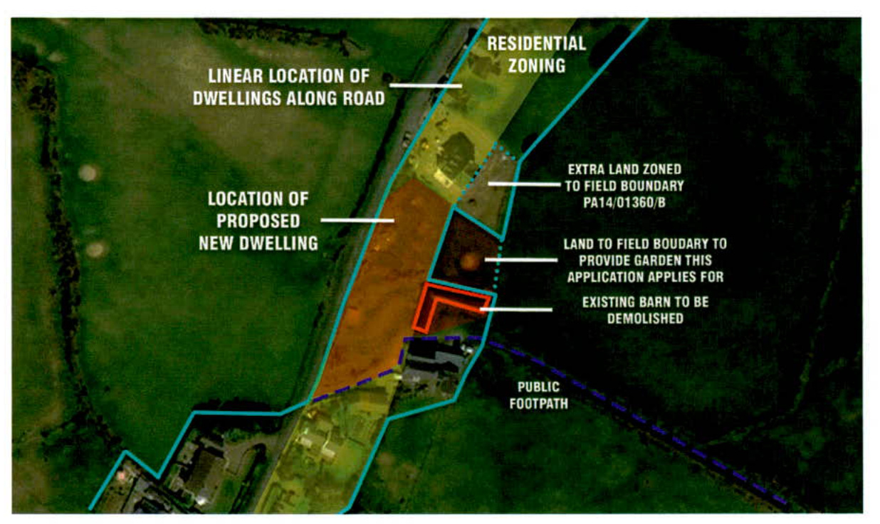 Annotated aerial site map showing the location of a proposed new dwelling, an existing barn to be demolished, and residential zoning boundaries.