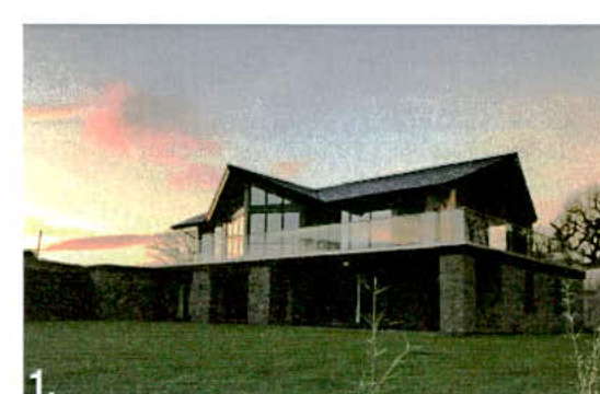 A digital rendering of a modern two-storey detached house with a balcony and large windows set against a sunset sky.