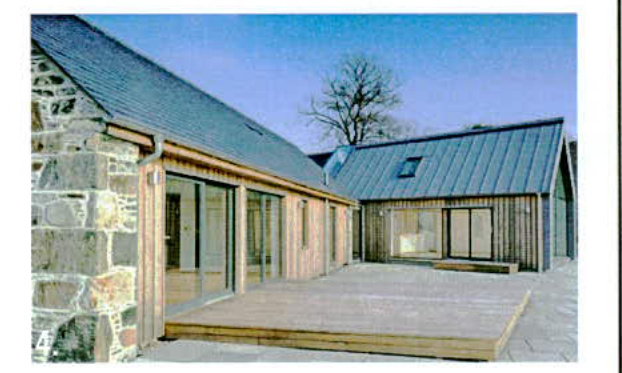 Architectural perspective rendering of a proposed dwelling featuring a modern wooden extension attached to a traditional stone wall.