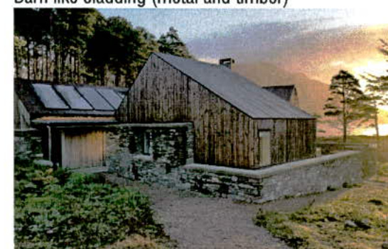 A visualisation or photograph from a planning document showing a proposed barn-style dwelling with wooden cladding and solar panels in a rural setting.