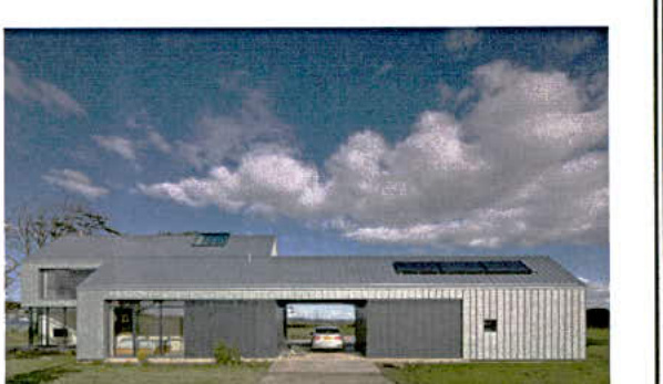 A photorealistic architectural rendering of a modern, single-story dwelling featuring corrugated metal cladding and solar panels.
