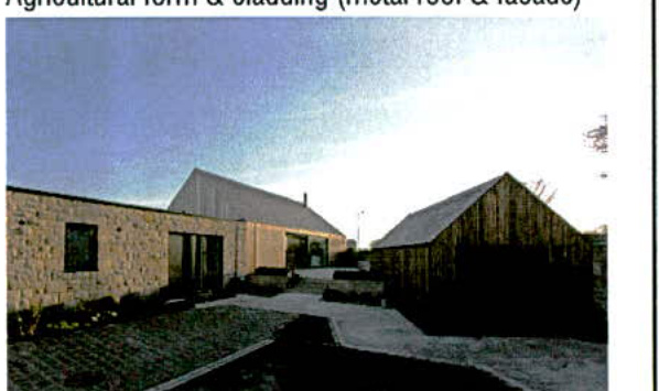 The image shows a rural building complex featuring a stone-clad structure and a wooden barn-like building, with text indicating 'Agricultural form & cladding'.