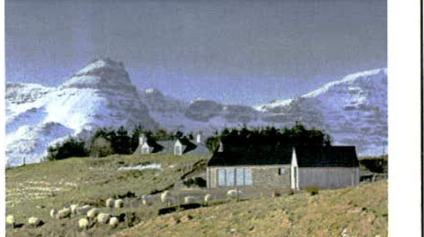 A grainy photograph depicting a rural landscape featuring a stone building, sheep grazing on a grassy hillside, and large mountains in the background.