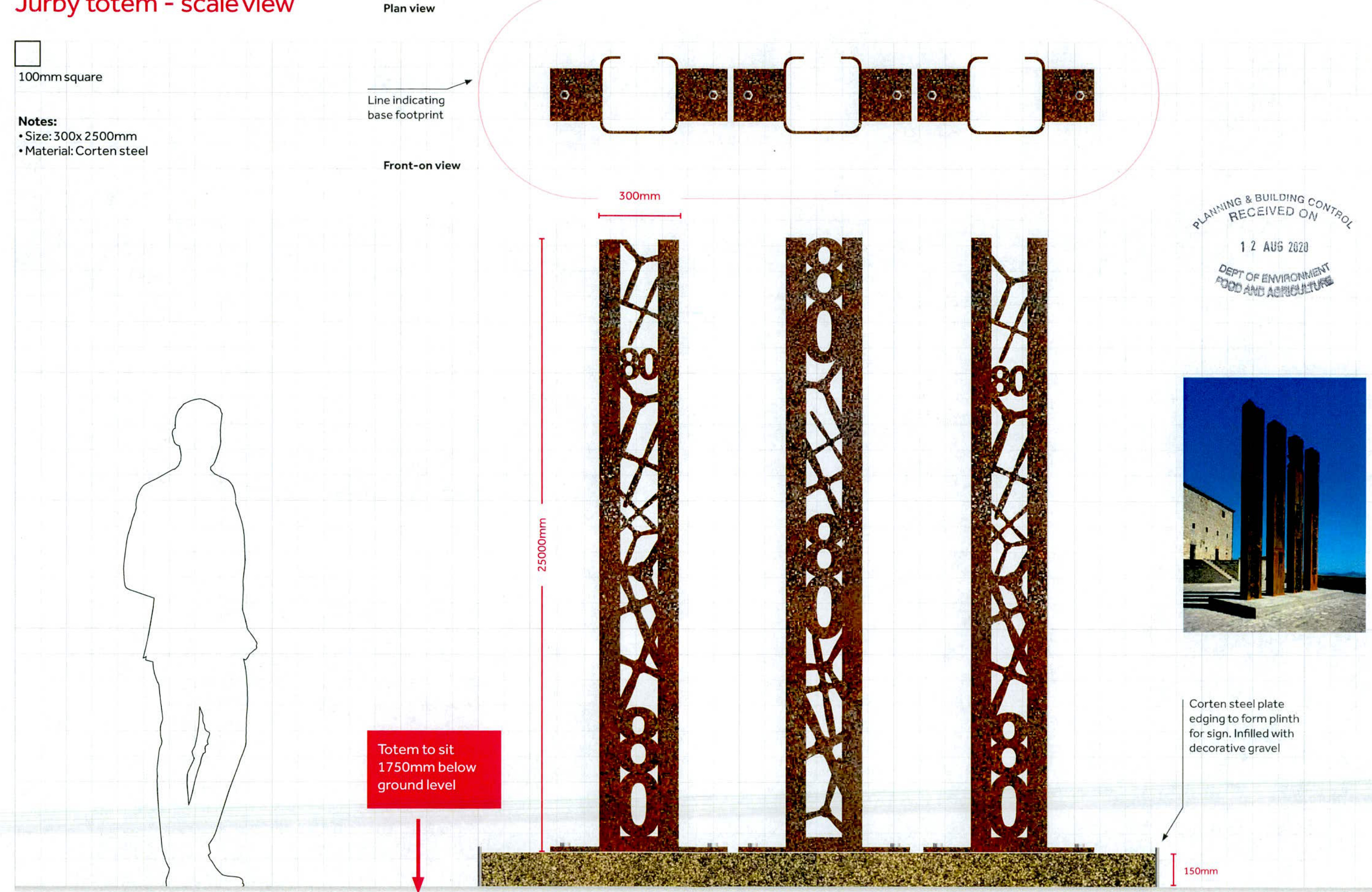 A technical design drawing showing plan and elevation views of Corten steel totem structures with dimensions and a small reference photograph.