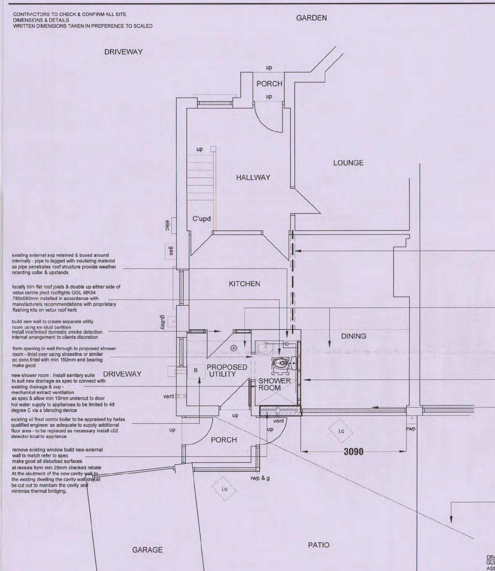 Architectural floor plan showing the layout of a house with proposed new utility and shower rooms, accompanied by detailed construction notes on the left.