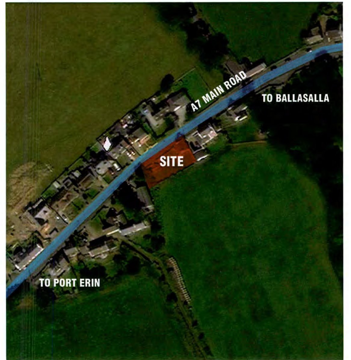 An aerial site location map highlighting a specific property in orange along the A7 Main Road, showing nearby fields and directional signs.