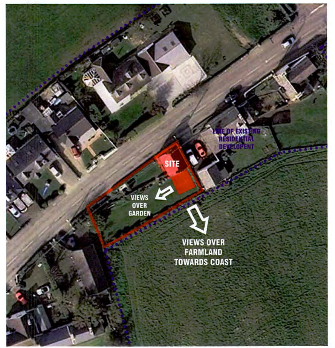 An aerial site plan highlighting the proposed development site in red, with annotations indicating views over the garden and farmland towards the coast.