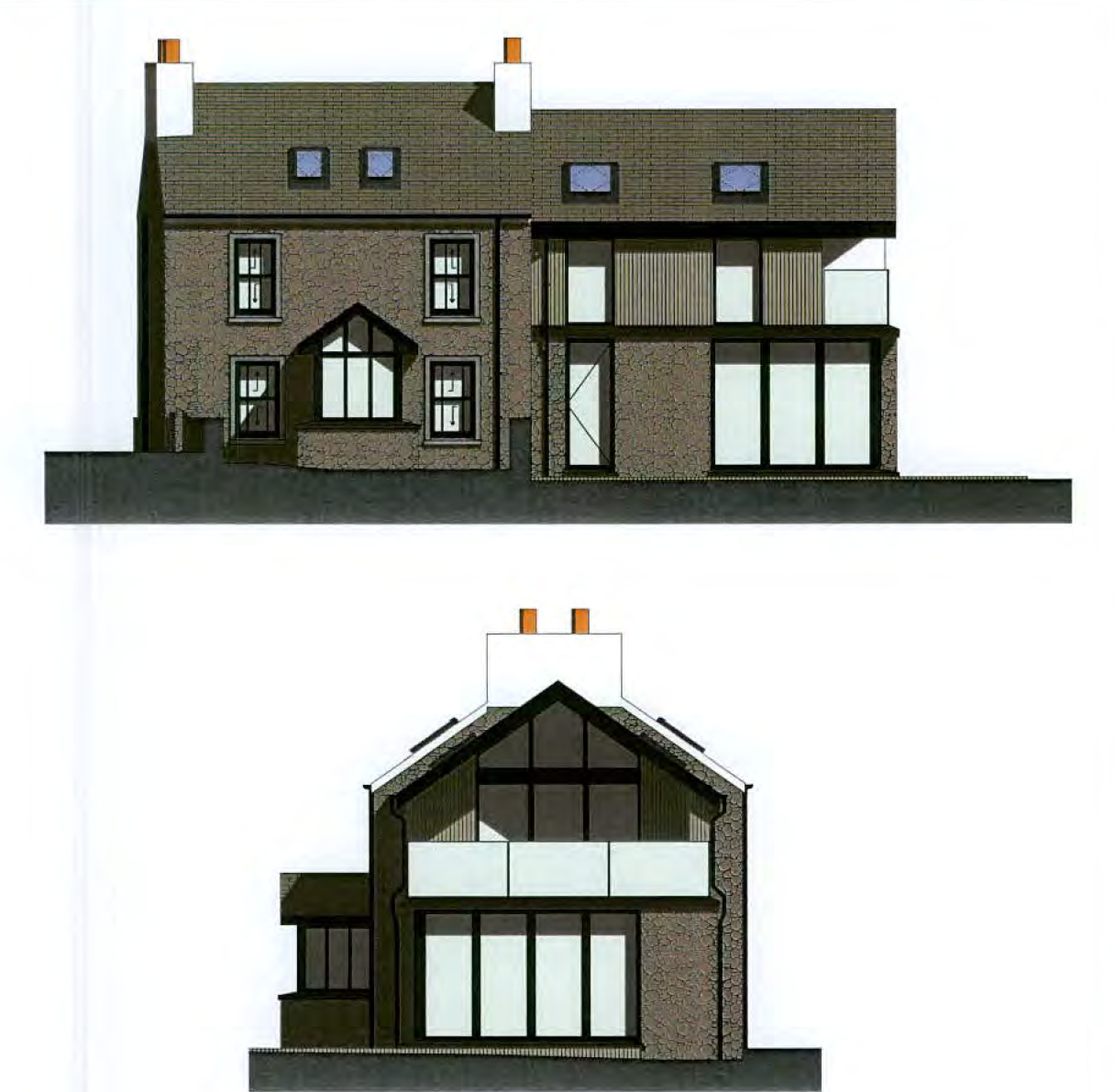 Architectural elevation and cross-section drawings illustrating a proposed two-storey house extension with modern glazing and stone cladding.