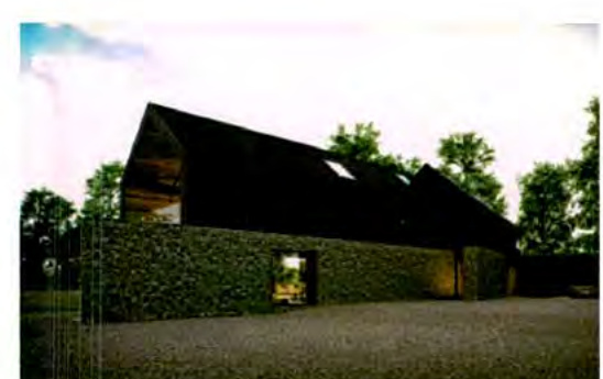 A low-resolution image depicting a large building with a stone-clad lower section and a dark upper section, situated in a rural setting with trees.