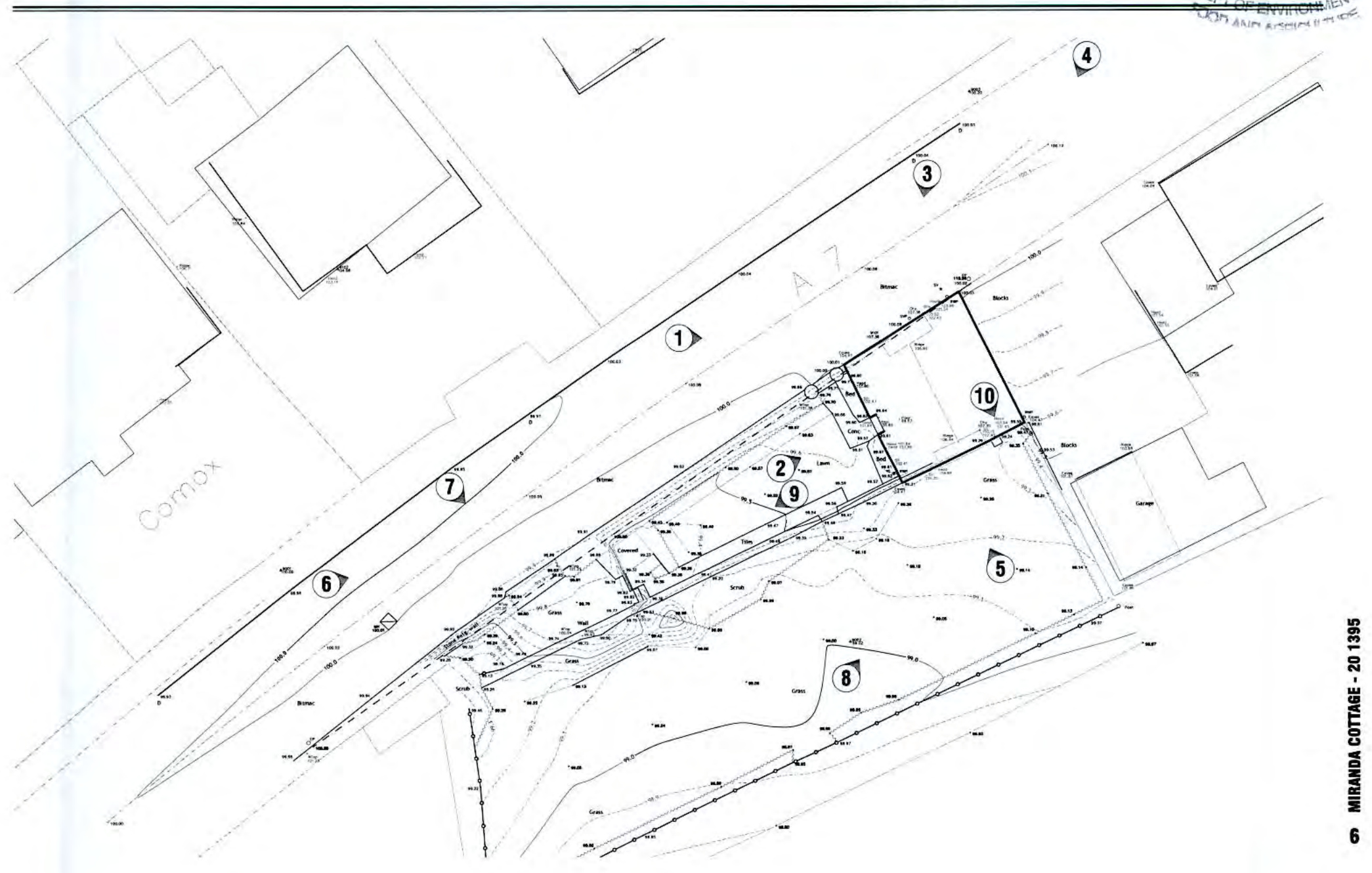 A black and white site plan showing the property boundary, road A7, surrounding buildings, and topographical contours with numbered callouts.