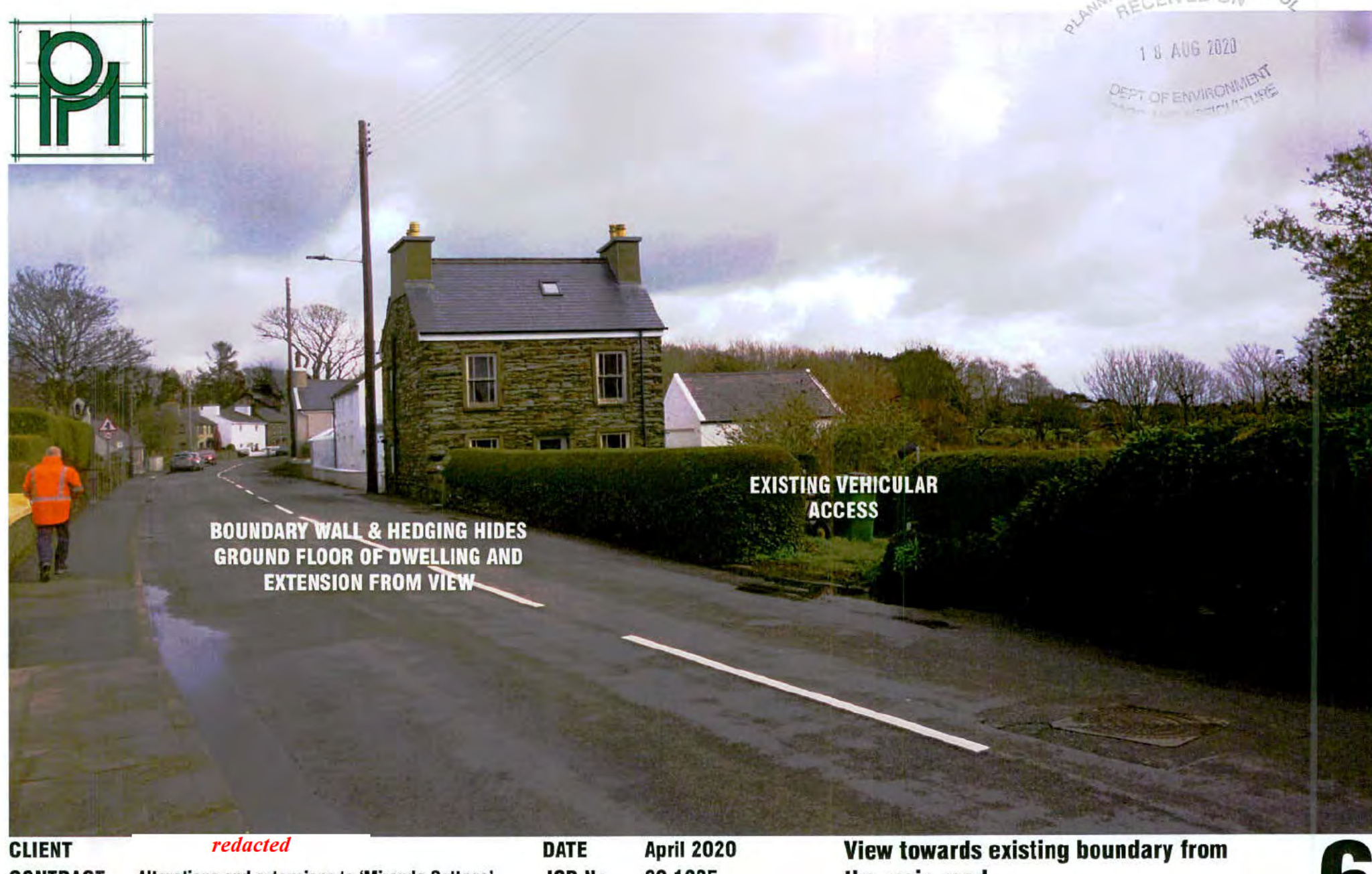 A photograph of a stone dwelling on a rural road with text overlays explaining how boundary walls and hedging will screen a proposed extension.