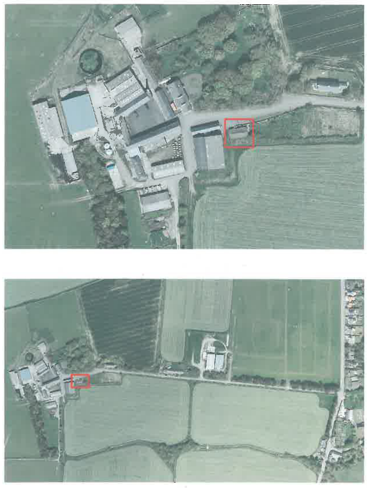 The image displays two aerial photographs of a rural site, using red boxes to highlight a specific building or area to indicate the application location.