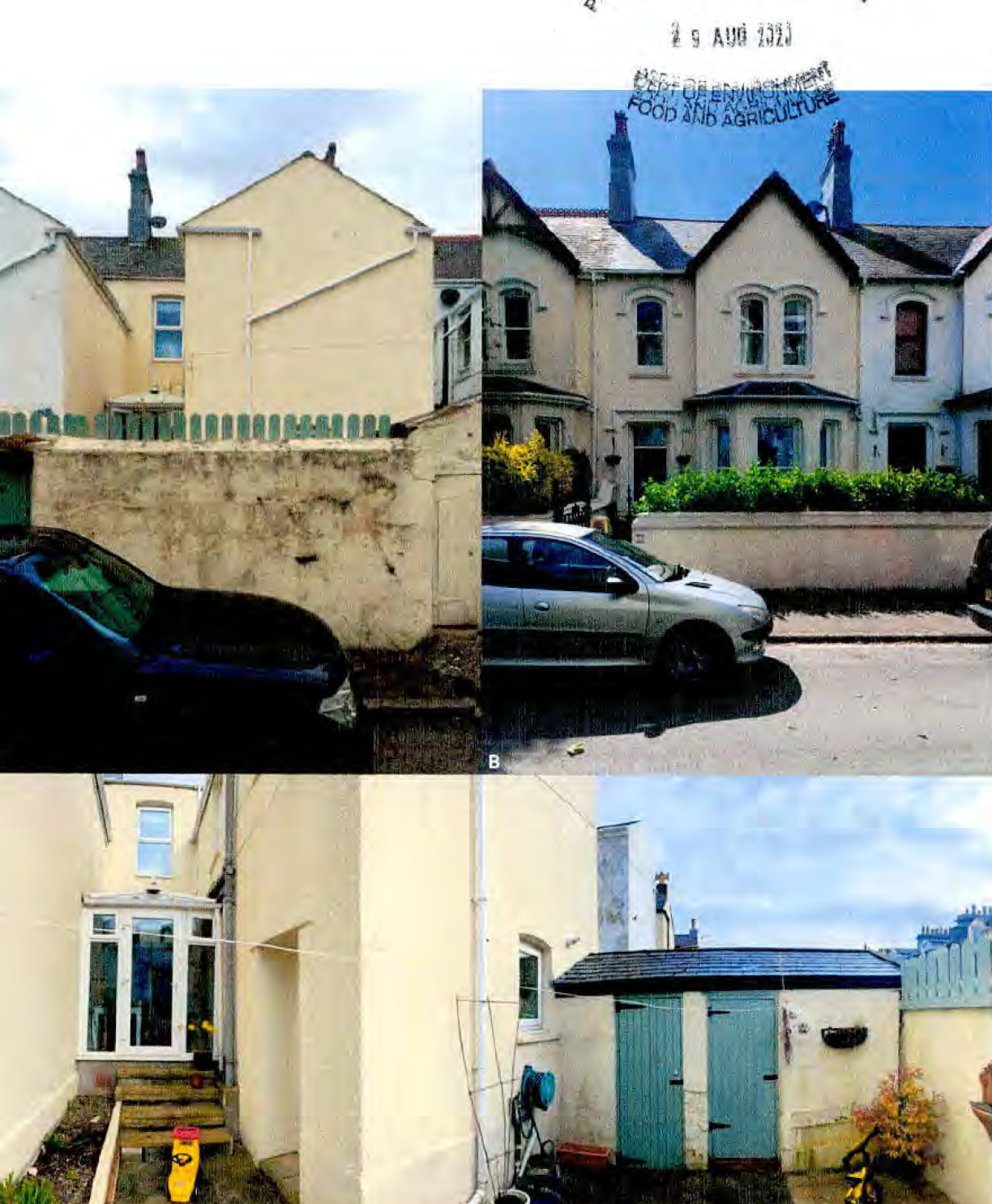 A composite sheet of four photographs documenting a terraced property, including the front elevation, side view, existing conservatory, and rear yard with an outbuilding.