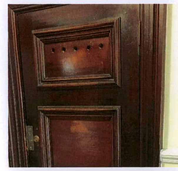 A close-up photograph of a dark, polished wooden panelled door featuring a letterbox with ventilation holes and a door handle.