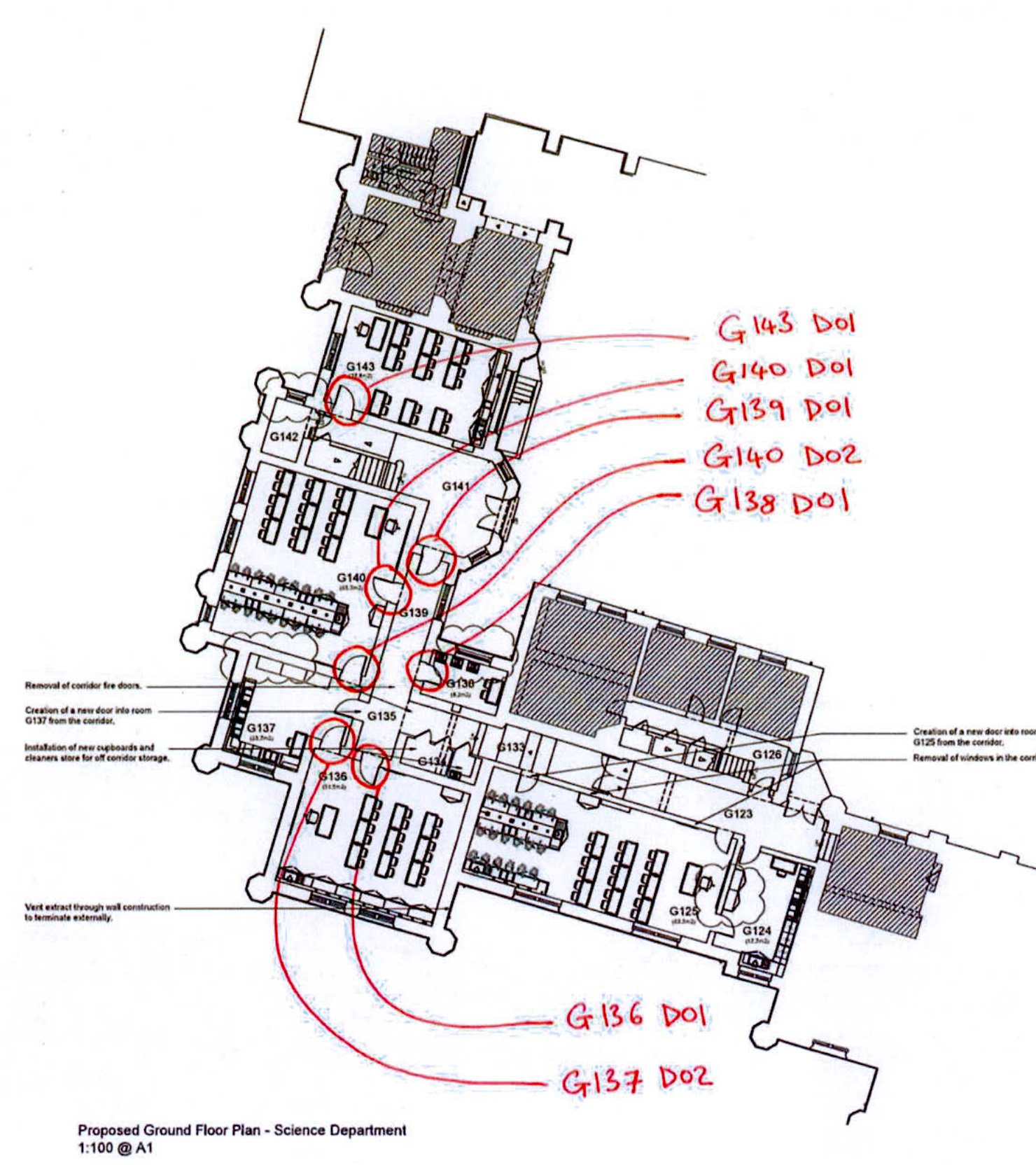 Architectural ground floor plan of a science department showing furniture layout and red annotations marking proposed internal door alterations.