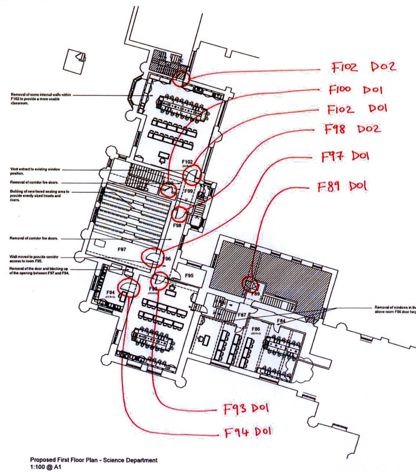 This image displays a proposed first-floor architectural plan for a Science Department, featuring red annotations detailing internal door and wall alterations. The drawing highlights specific modifications such as the...