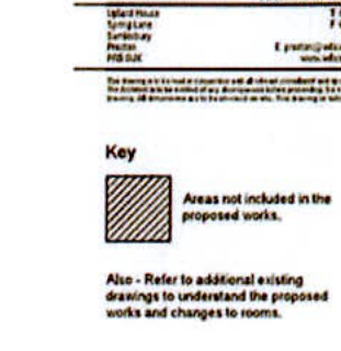 A snippet of an architectural drawing showing a legend key and text instructions regarding proposed works and existing drawings.