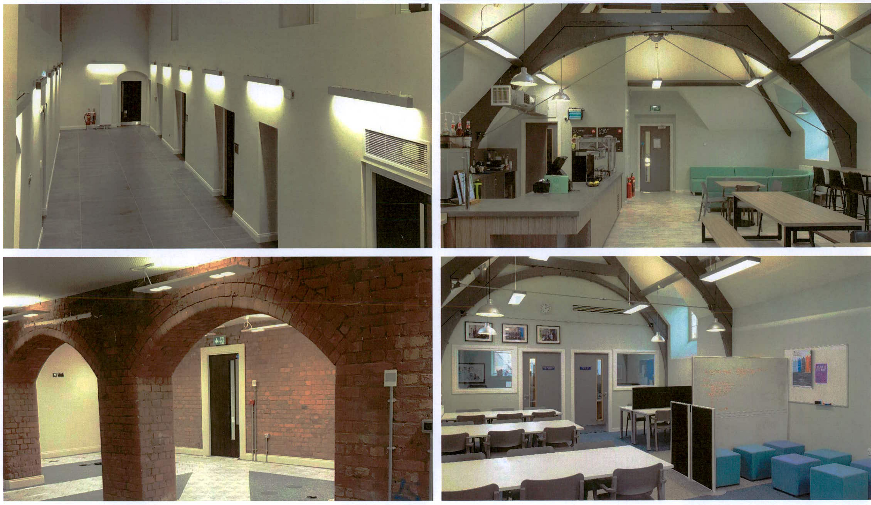 A collage of four interior photographs showing a corridor with arched doorways, a large hall with exposed wooden beams and seating, and red brick arches.
