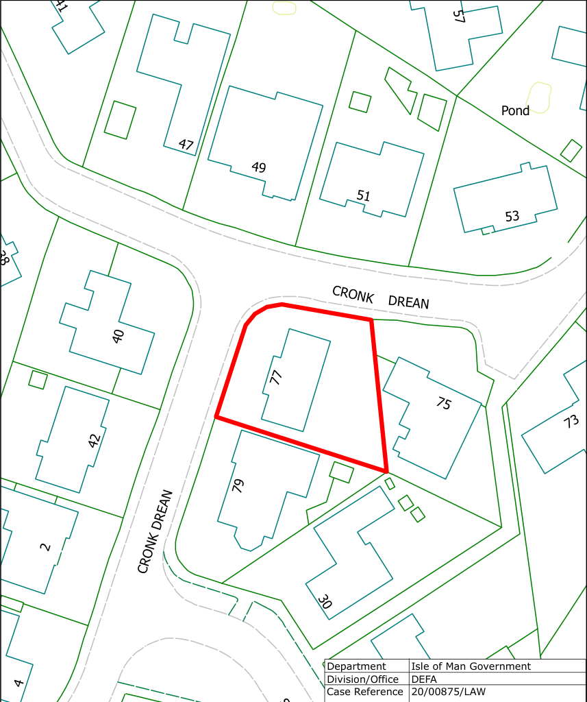 A site plan showing property boundaries and building footprints along Cronk Drean, with the subject property (number 77) highlighted in red.
