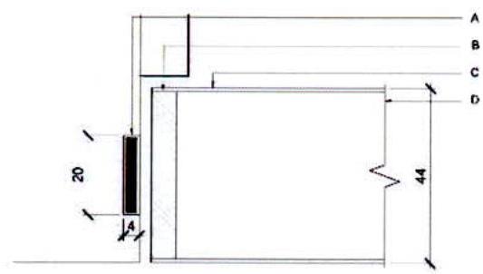A technical cross-section detail drawing showing wall or door frame dimensions and labels A-D.