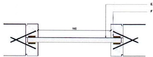 A technical architectural section detail showing a horizontal beam or lintel spanning between two vertical supports with dimensioning and labels.