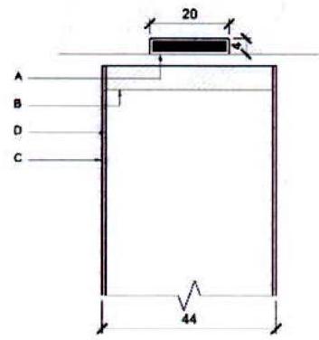 A technical architectural section drawing showing a door frame or lintel detail with dimensions and labels A-D.
