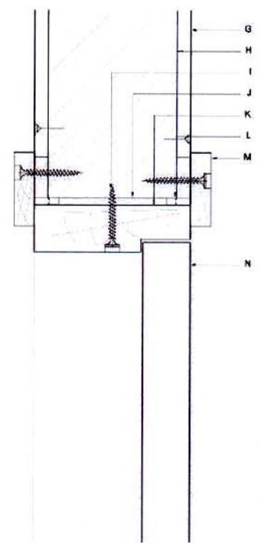 A technical architectural cross-section detail showing screws and framing components, likely illustrating door frame installation or structural connection.
