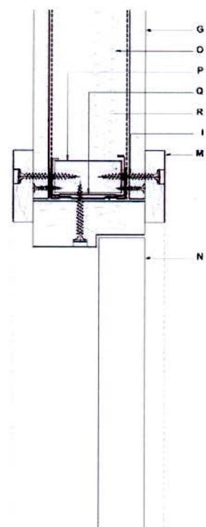 A technical architectural section detail showing the construction and fixing of an internal door frame with labeled components.