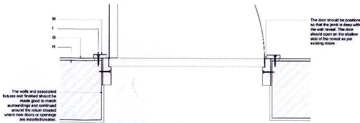 A technical architectural section drawing detailing the installation of a door frame within a wall, with notes on matching finishes and jamb positioning.