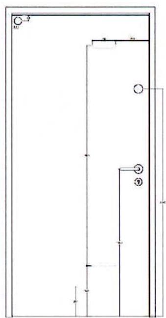 A technical architectural drawing showing a detailed floor plan or elevation of an internal door with dimensions and hardware symbols.