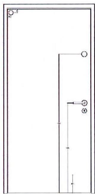 Technical architectural drawing showing the elevation of an internal door with hinges, handle, and frame details.