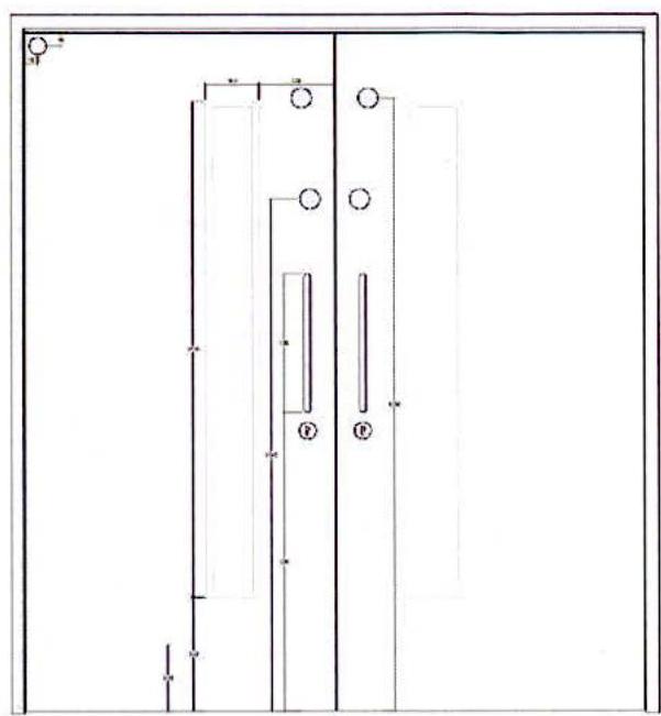 Technical architectural drawing showing a detailed elevation of an internal door, including hinges, handles, and dimensions.